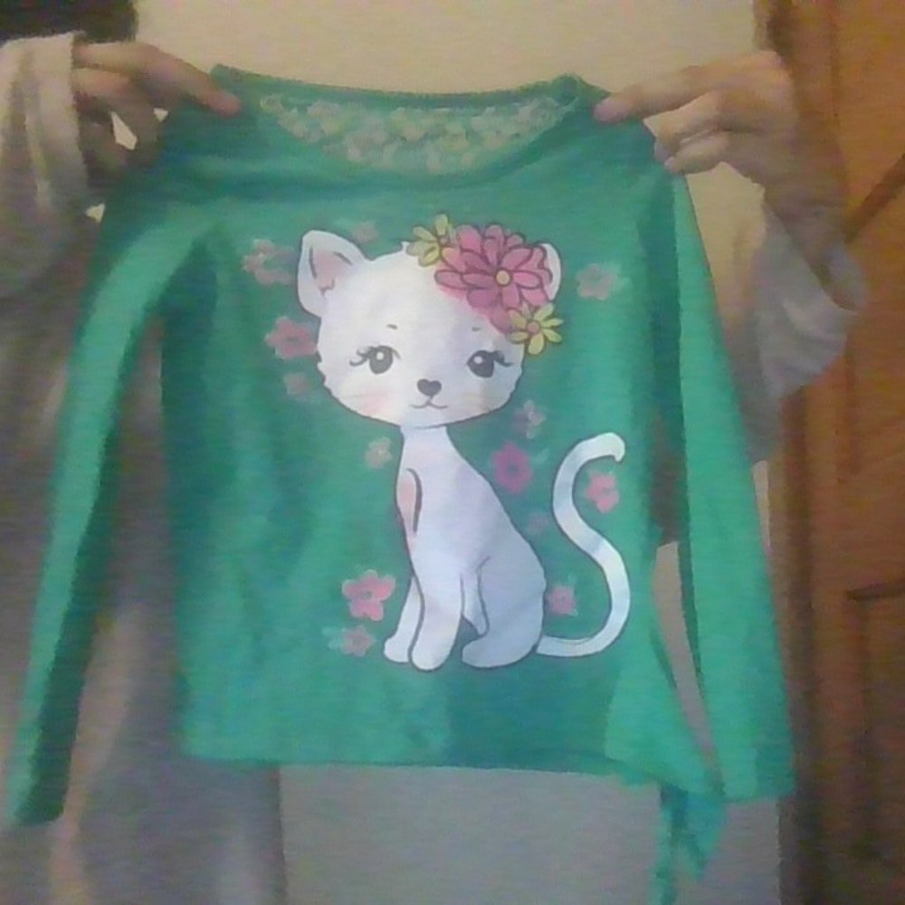 White cat on an emerald green shirt.